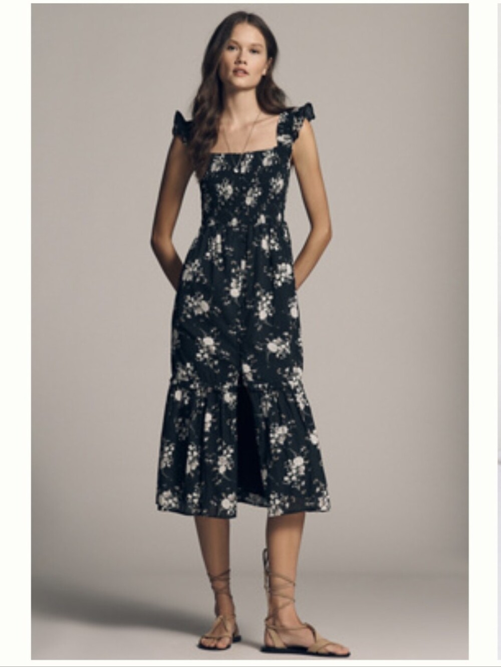 Anthropologie Peregrine Square-Neck Black Floral Midi Dress SZ Large, New W Tags